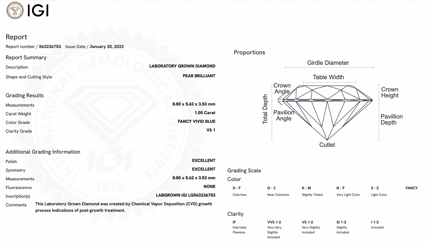 1.05ct Lab-Grown Pear Blue Diamond