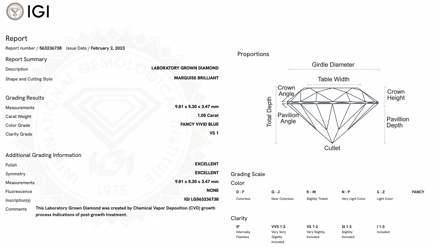 1.05ct Lab-Grown Marquise Blue Diamond